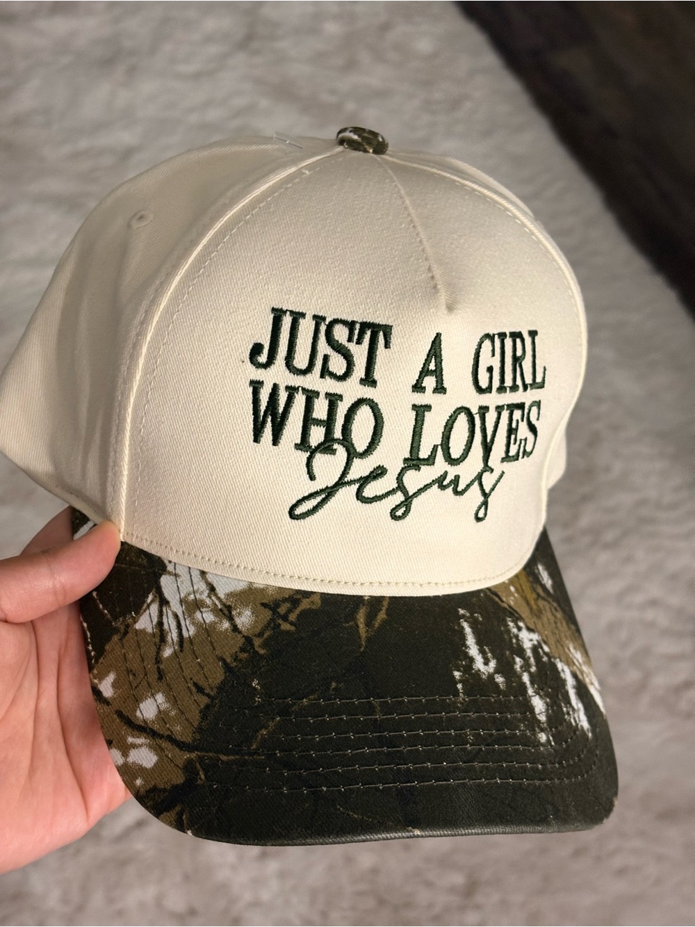Valentina Cream and Camouflage Baseball Cap with Green Script